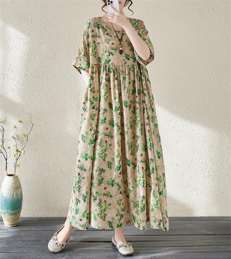 花柄 ファッション 夏の涼感 花柄レトロ フレアロングワンピース ゆったりサイズ