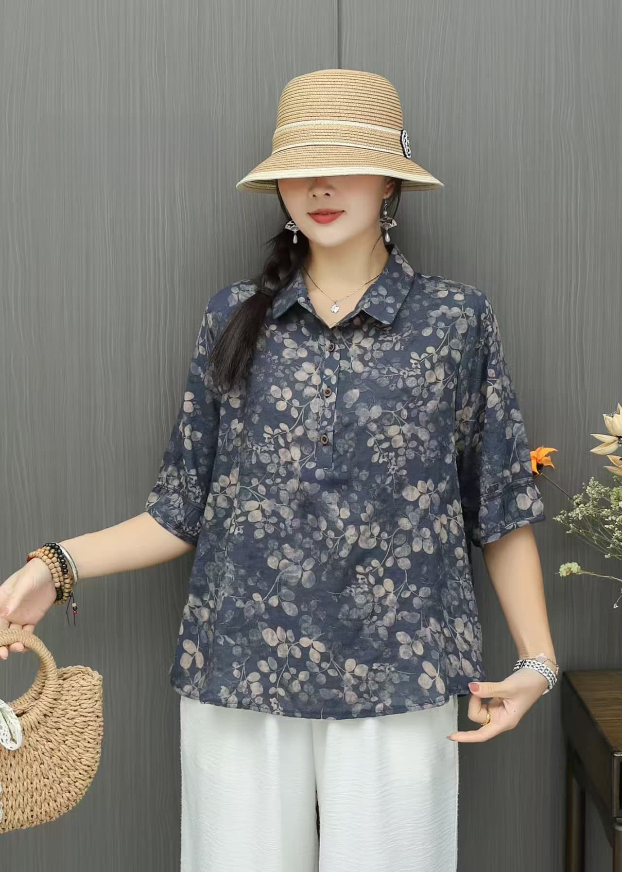 花柄 ファッション 水彩花園 五分袖プルオーバーブラウス