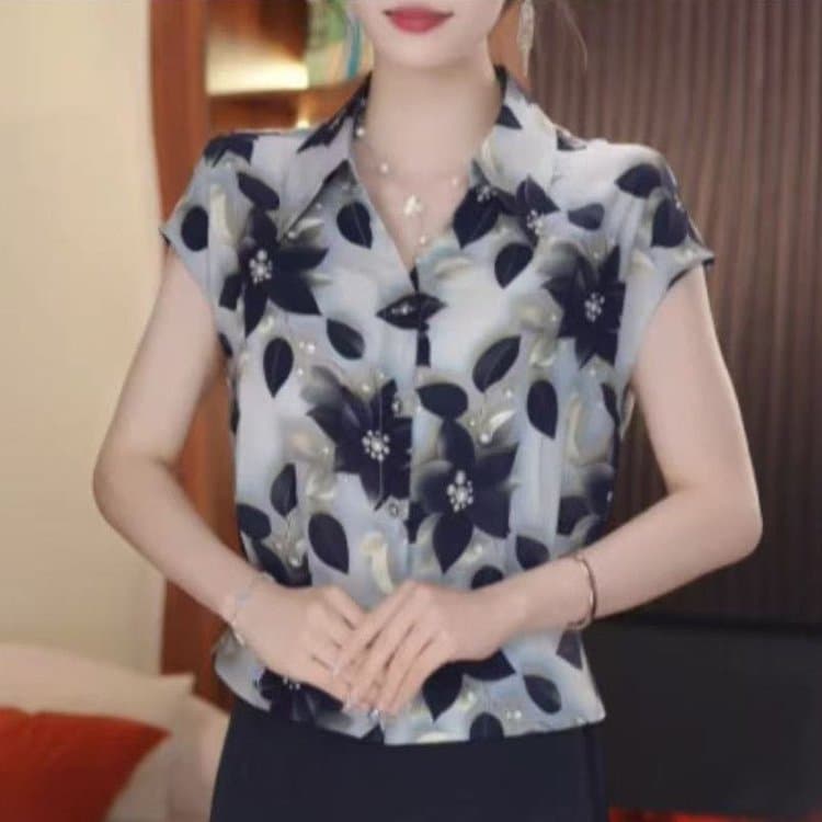 花柄 ファッション 優美な花びら 半袖開襟ブラウス