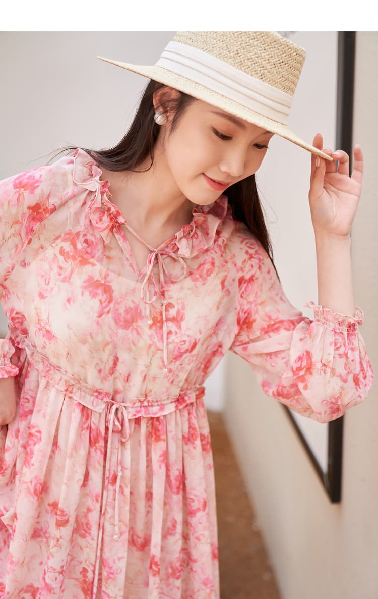 花柄 ファッション 優美な花園フリルネックワンピース