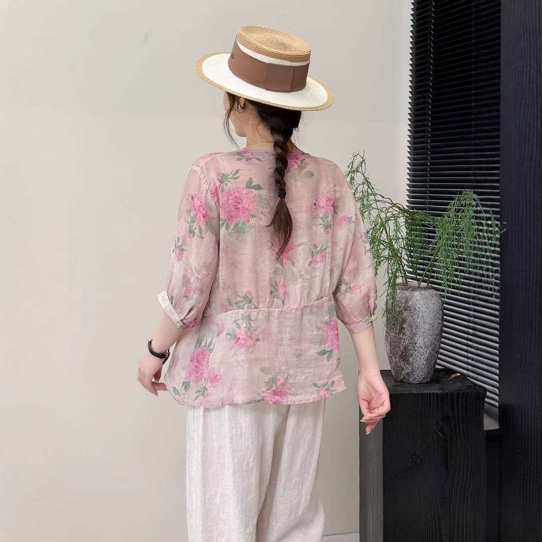 花柄 ファッション 優美な牡丹模様シアーブラウス