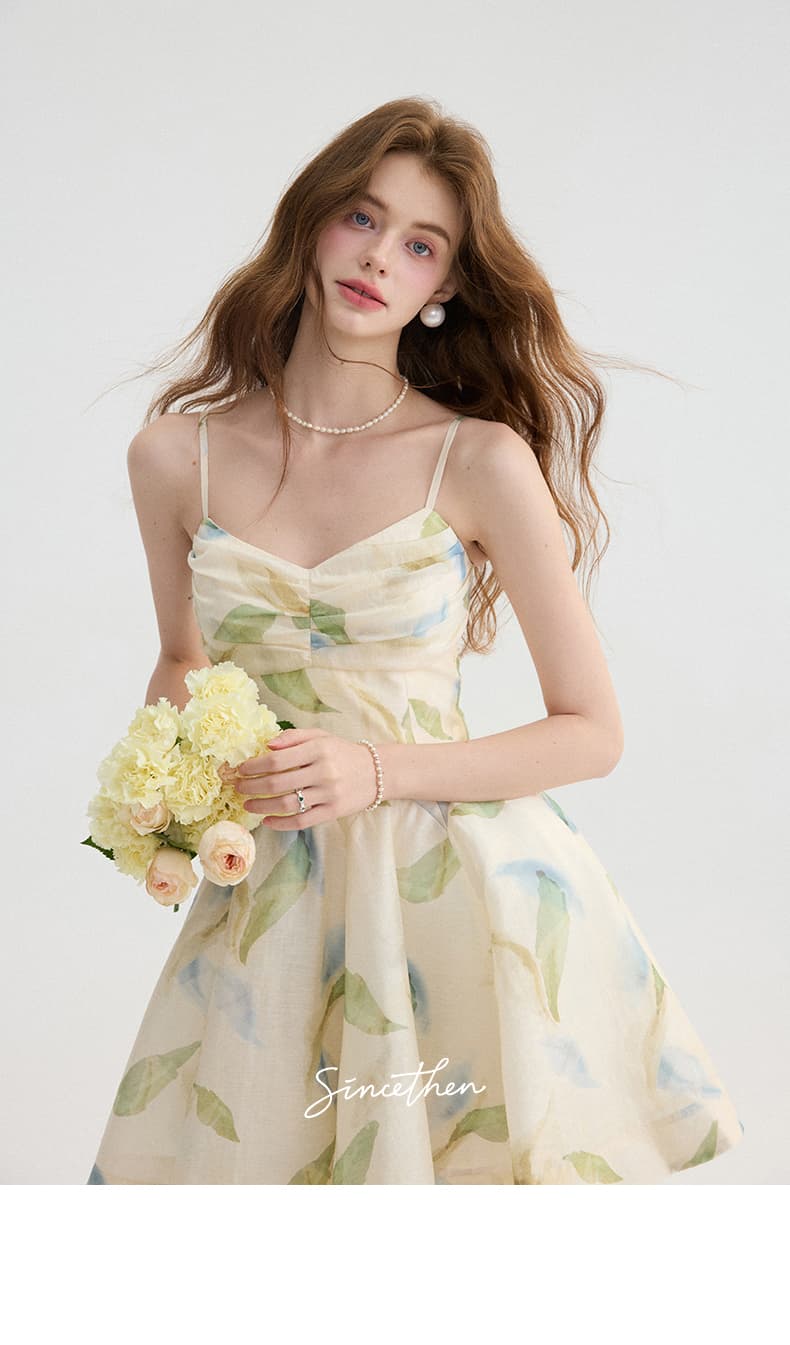 花柄 ファッション 優美な水彩花柄キャミソールワンピース