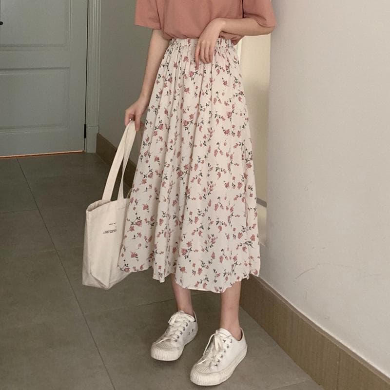 花柄 ファッション 優美な小花柄ギャザーロングスカート