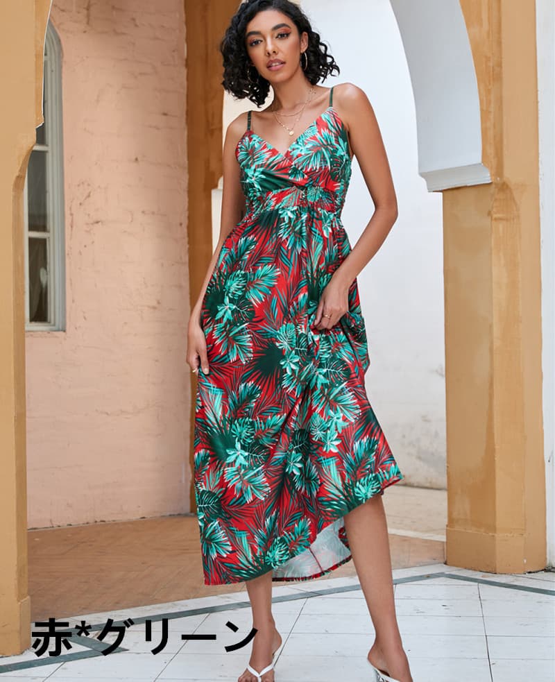 花柄 ファッション 花柄カシュクールキャミワンピース 南国風シャーリング