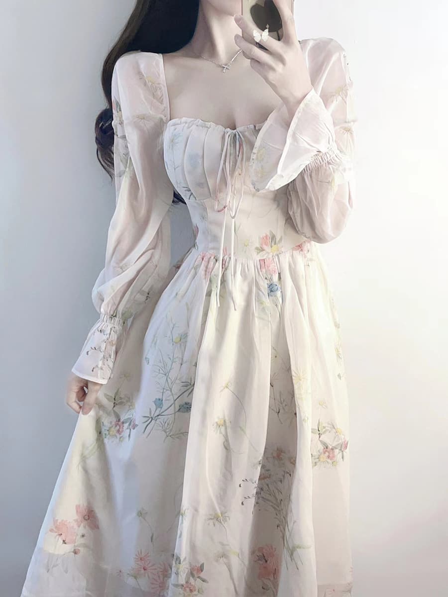 花柄 ファッション 優美な花柄シフォンロングワンピース