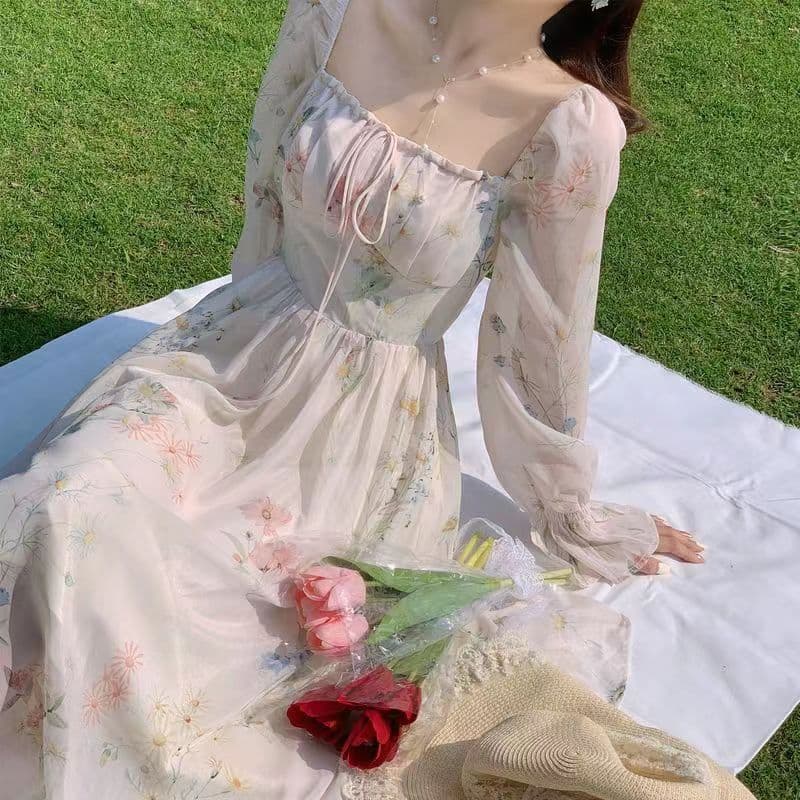 花柄 ファッション 優美な花柄シフォンロングワンピース