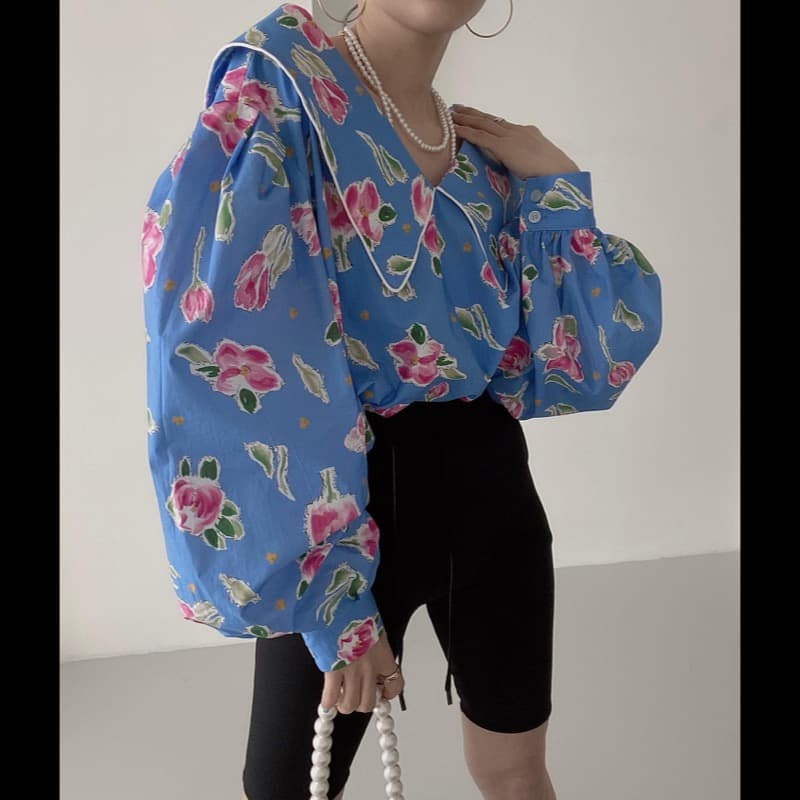 花柄 ファッション 花柄ビッグカラー長袖ブラウス