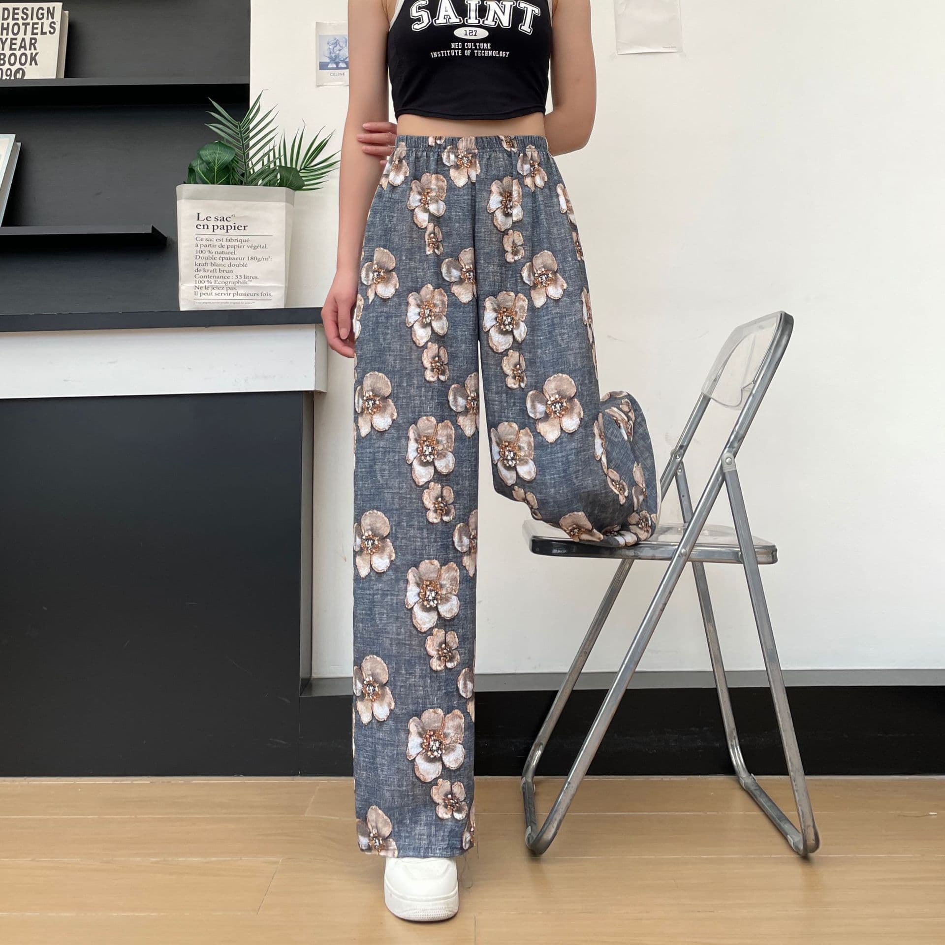 花柄 ファッション 華やか四季のゆったりワイドパンツ