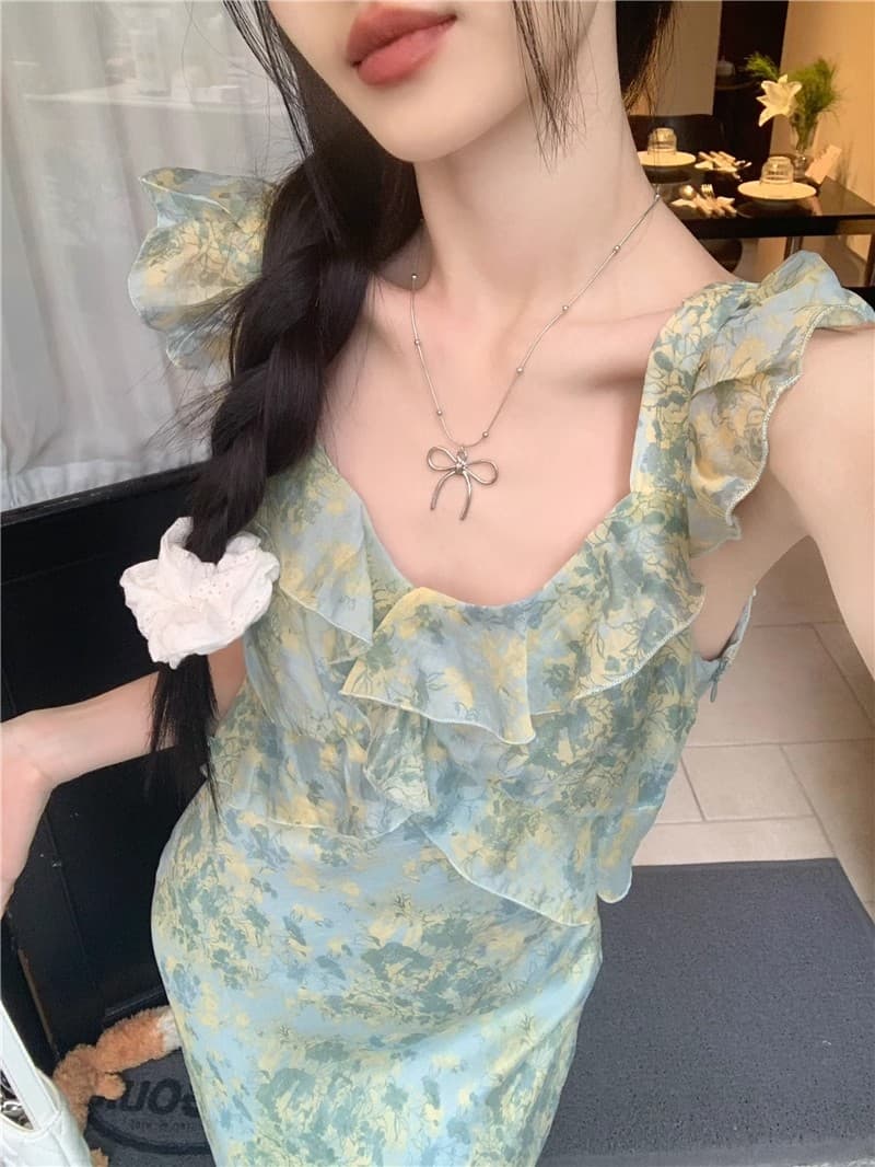 花柄 ファッション 優美な花園フリルロングワンピース
