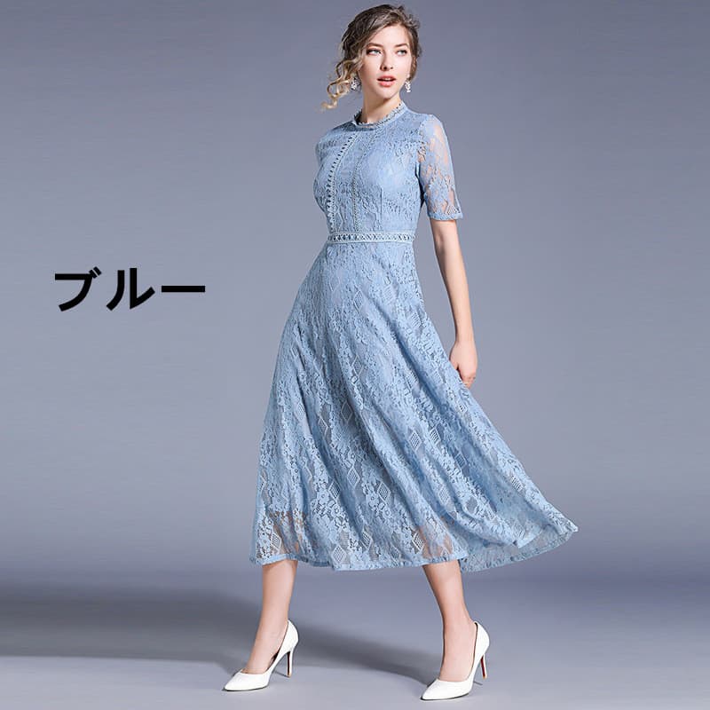 花柄 ファッション 花柄レース ミモレ丈ワンピース 上品フレアシルエット