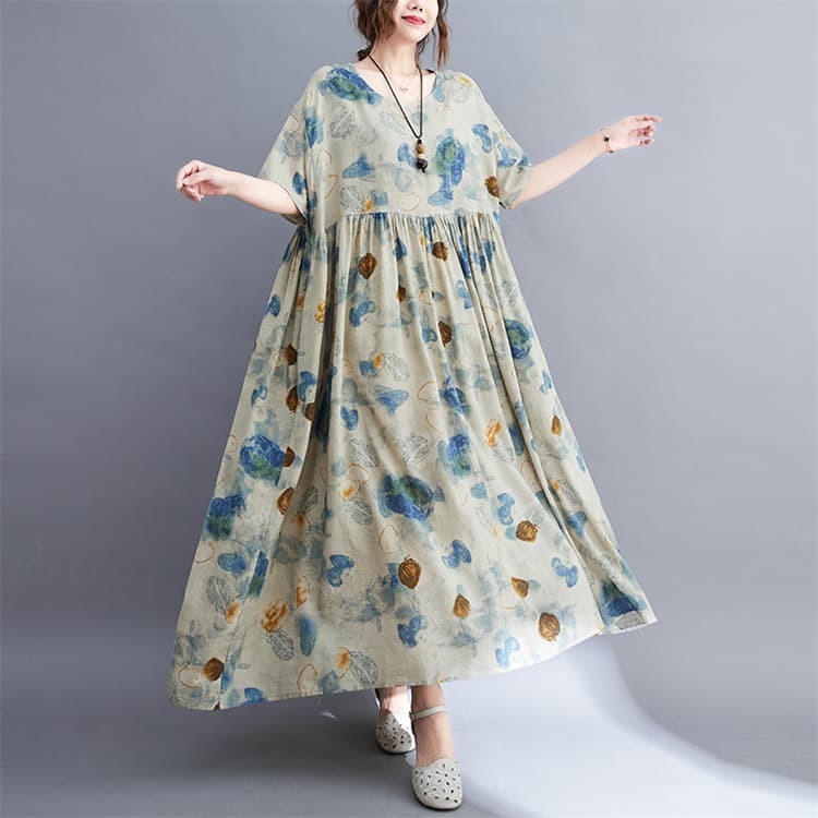 花柄 ファッション 2025夏 ゆったり優雅な水彩花柄ワンピース