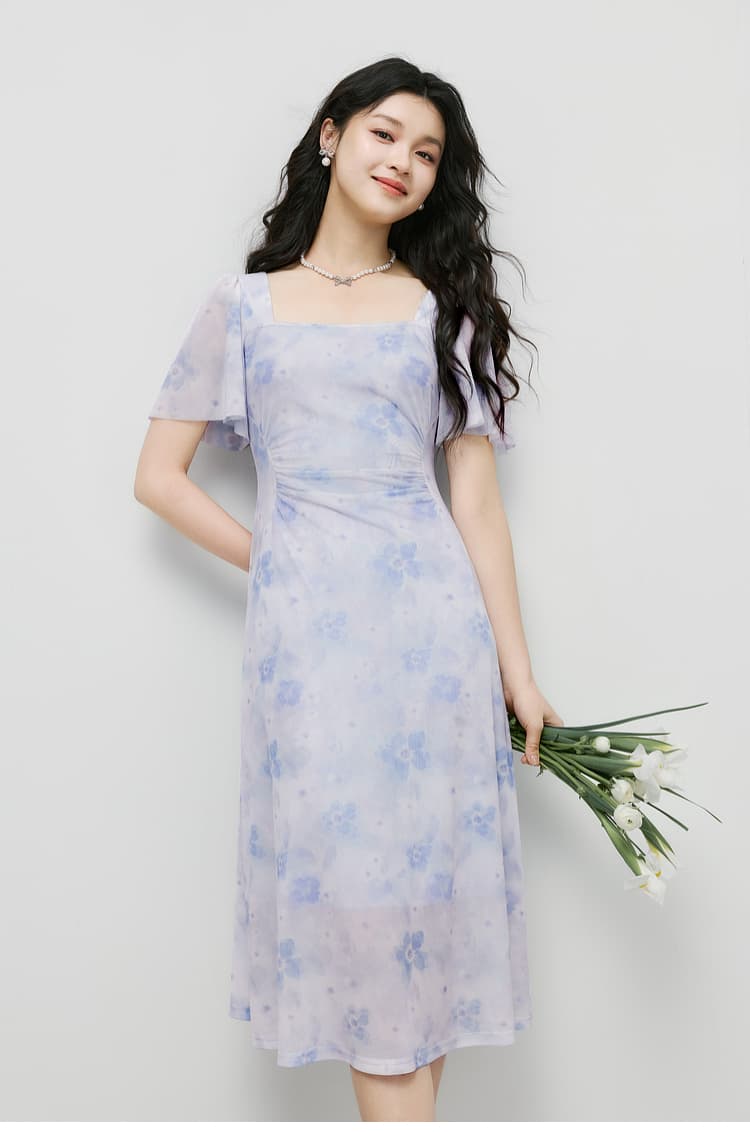 花柄 ファッション 優美な花影 フレア袖ミディワンピース