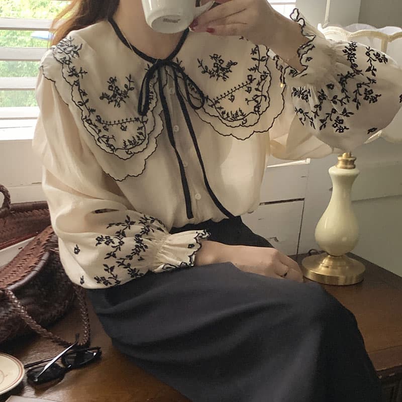 花柄 ファッション 花刺繍入り ビッグカラー ブラウス 長袖 レディース