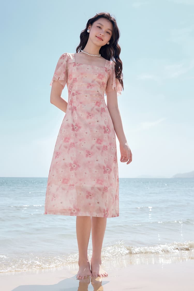 花柄 ファッション 優美な花影 フレア袖ミディワンピース