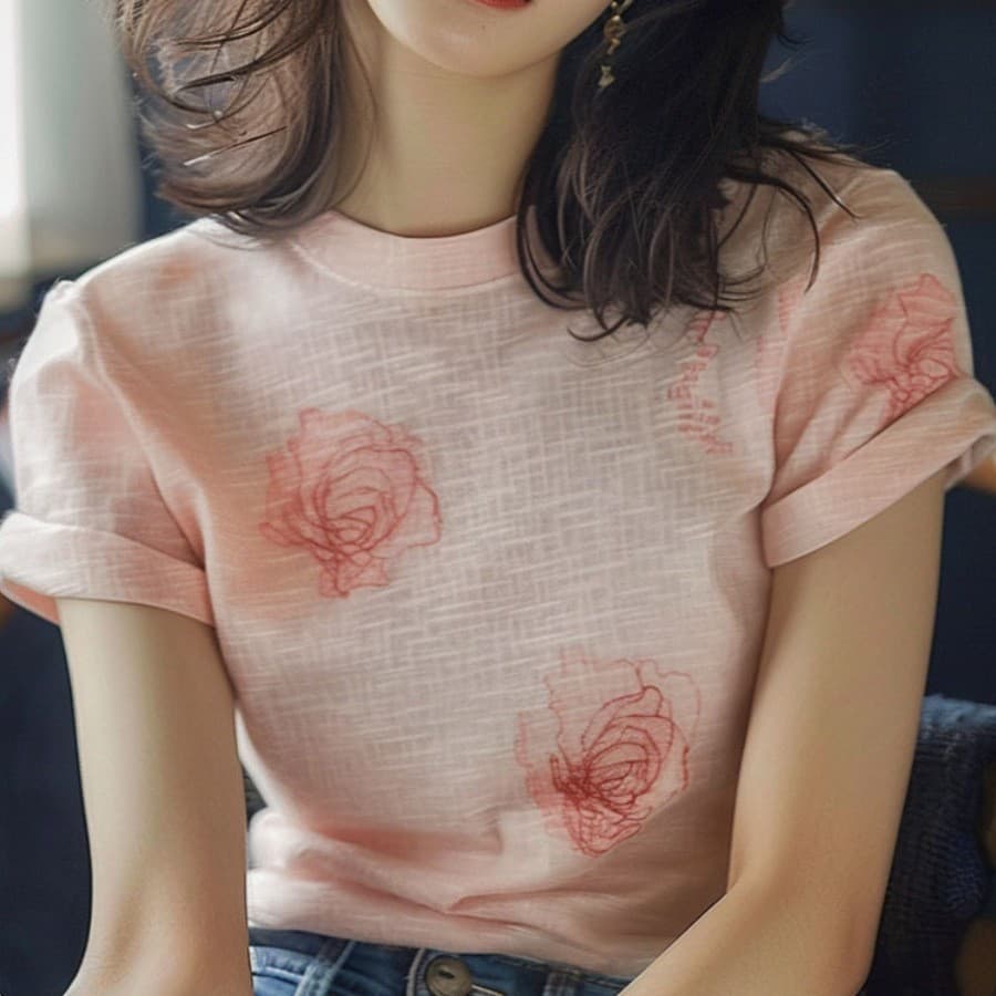 花柄 ファッション 優美な薔薇スケッチ 半袖トップス