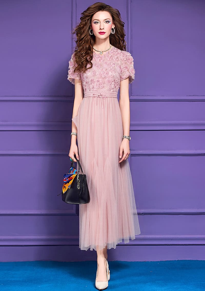 花柄 ファッション 立体花モチーフチュールロングワンピース
