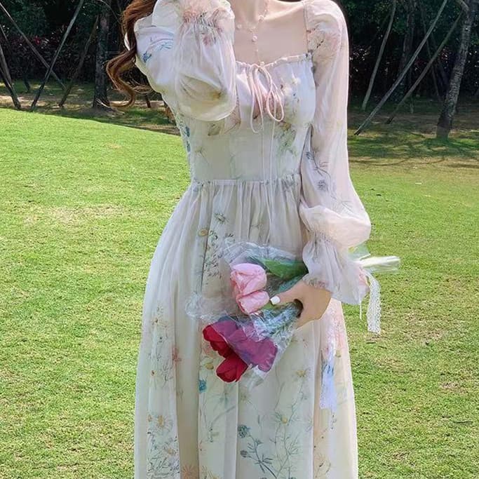花柄 ファッション 優美な花柄シフォンロングワンピース