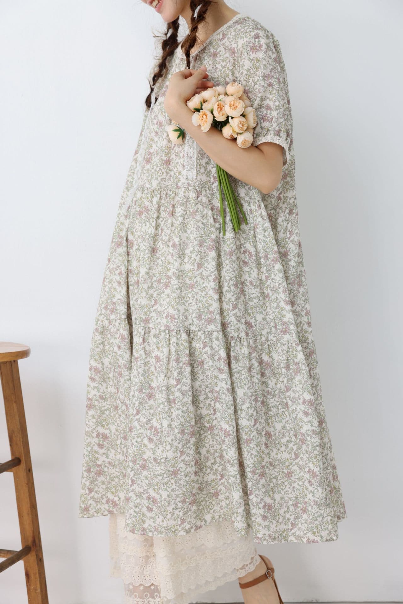 花柄 ファッション 小花模様の優しげティアードワンピース