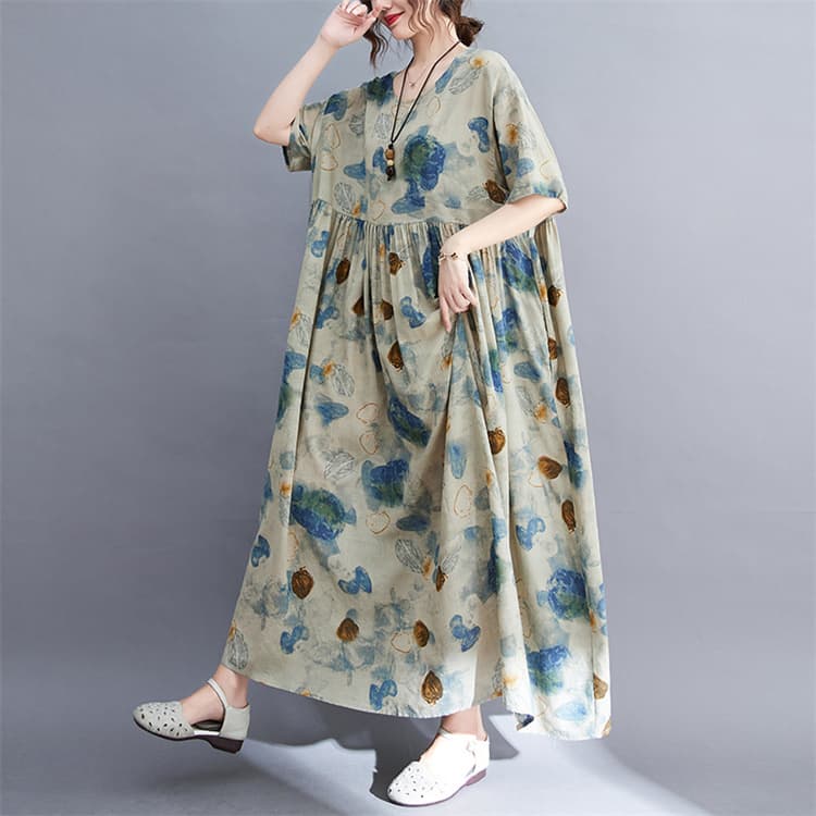花柄 ファッション 2025夏 ゆったり優雅な水彩花柄ワンピース