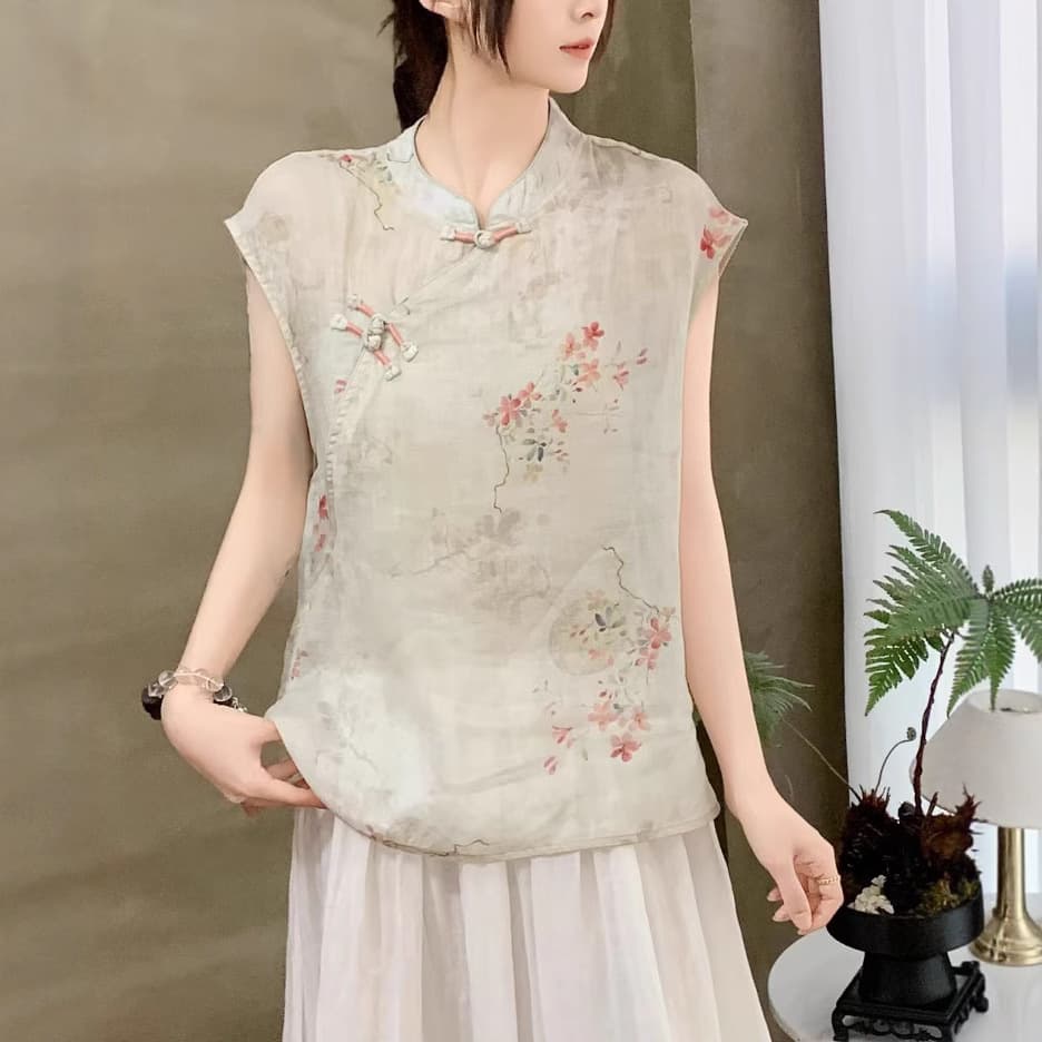 花柄 ファッション 雅花 チャイナ風ノースリーブブラウス
