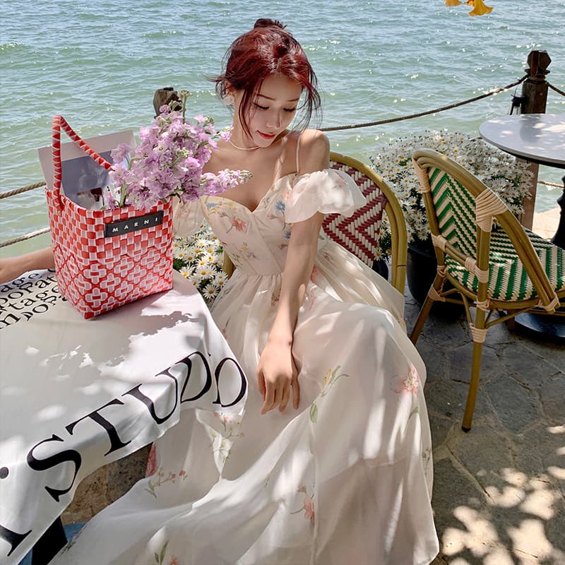 花柄 ファッション 優美な花柄オフショルダーフレアワンピース