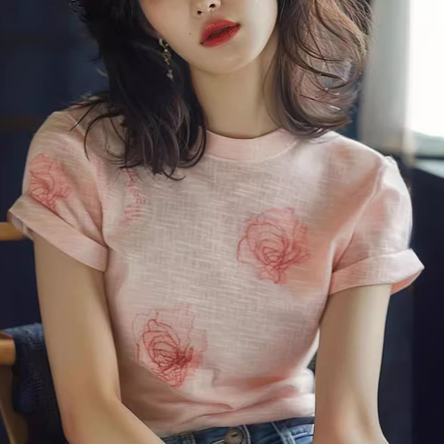 花柄 ファッション 優美な薔薇スケッチ 半袖トップス