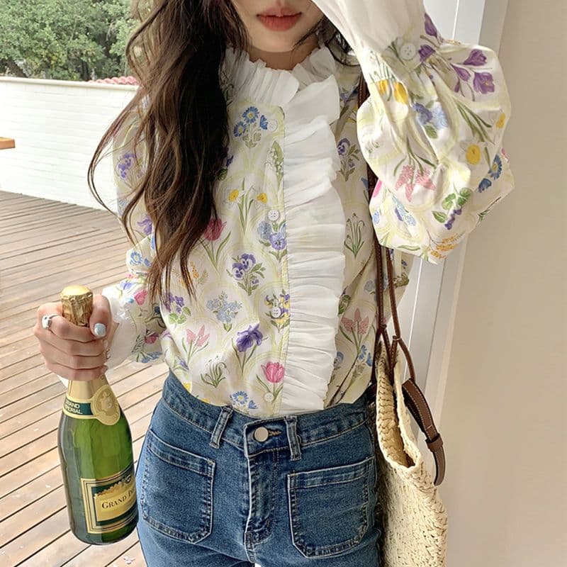 花柄 ファッション 花柄フリルネック ブラウス ラッパ袖 レディース長袖