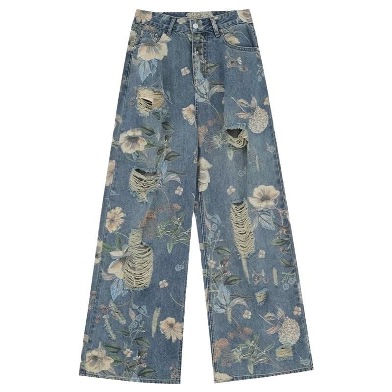 花柄 ファッション 花柄ダメージ加工ワイドデニムパンツ レディース