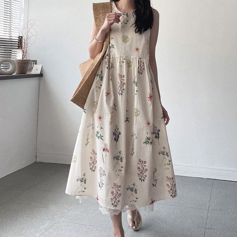 花柄 ファッション 2025年夏 優美な花柄ノースリーブワンピース