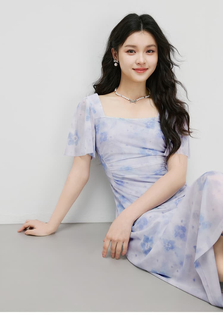 花柄 ファッション 優美な花影 フレア袖ミディワンピース