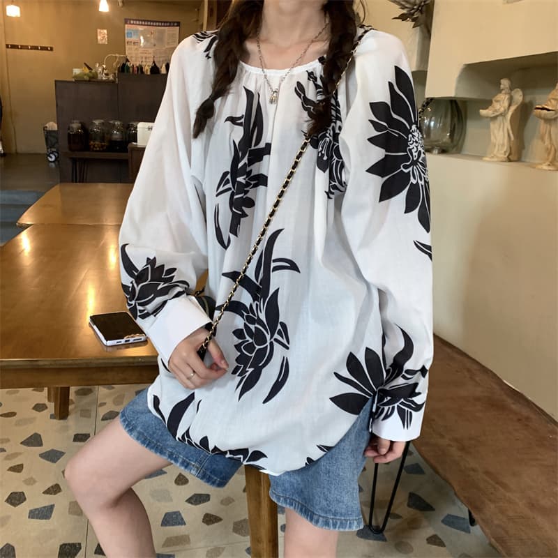 花柄 ファッション 秋映え 花柄ゆったりTシャツ 体型カバー カジュアルトップス