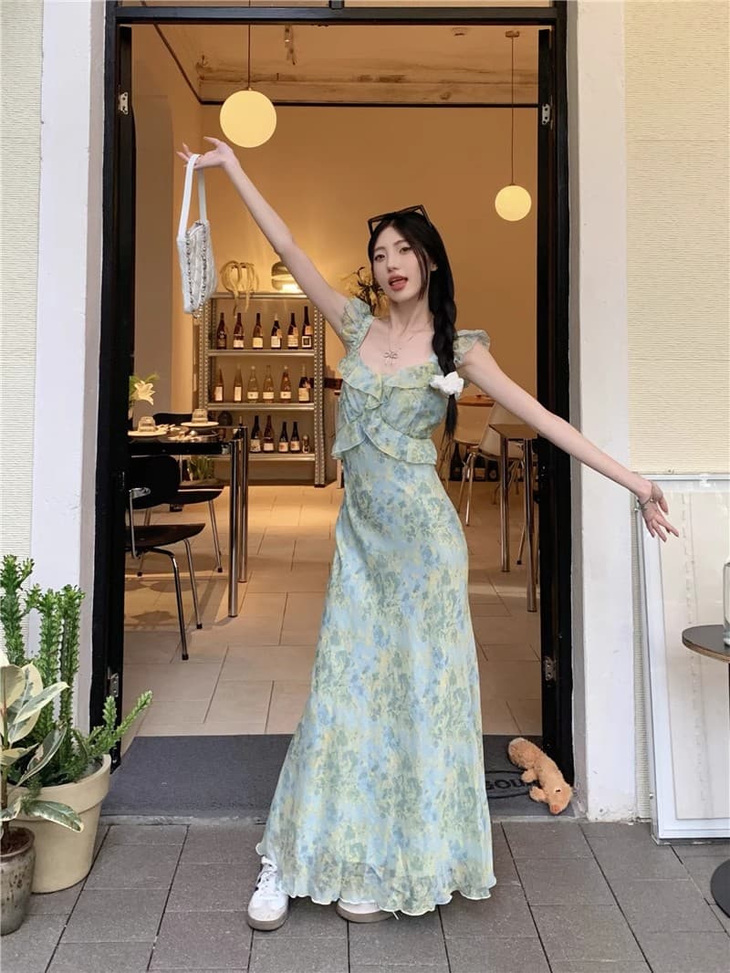 花柄 ファッション 優美な花園フリルロングワンピース