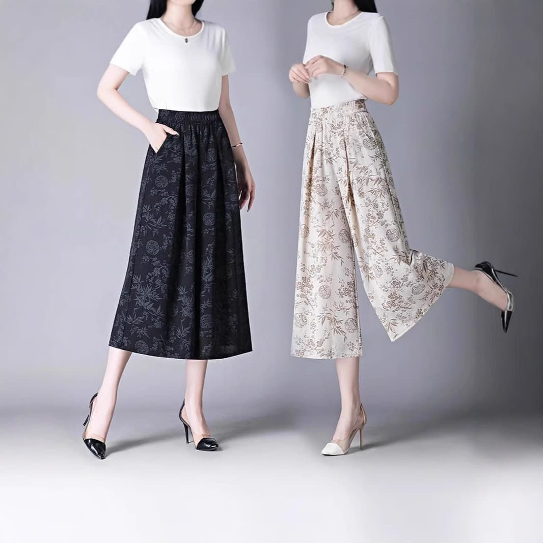 花柄 ファッション 優雅な花と葉模様のワイドパンツスカート