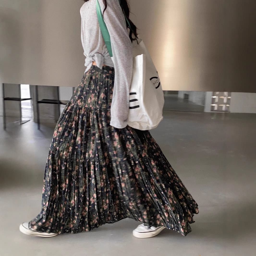 花柄 ファッション 優美な小花柄ロングプリーツスカート