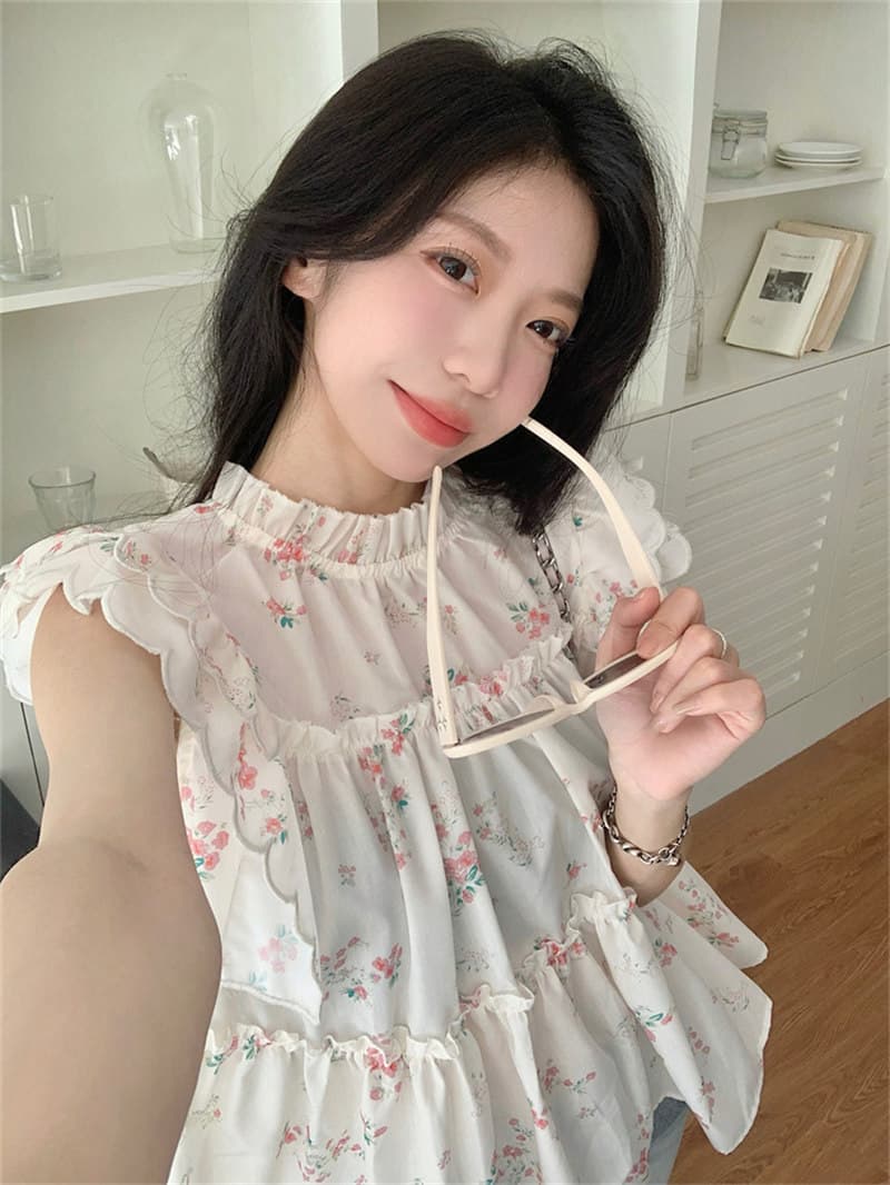 花柄 ファッション 夏新作 小花柄フリルブラウス ゆったりシルエット