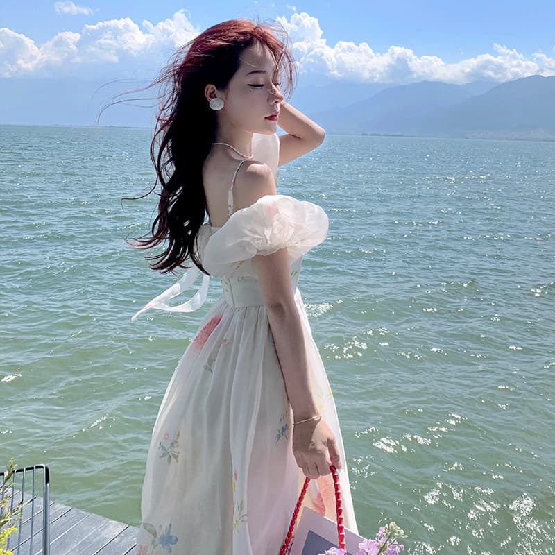花柄 ファッション 優美な花柄オフショルダーフレアワンピース