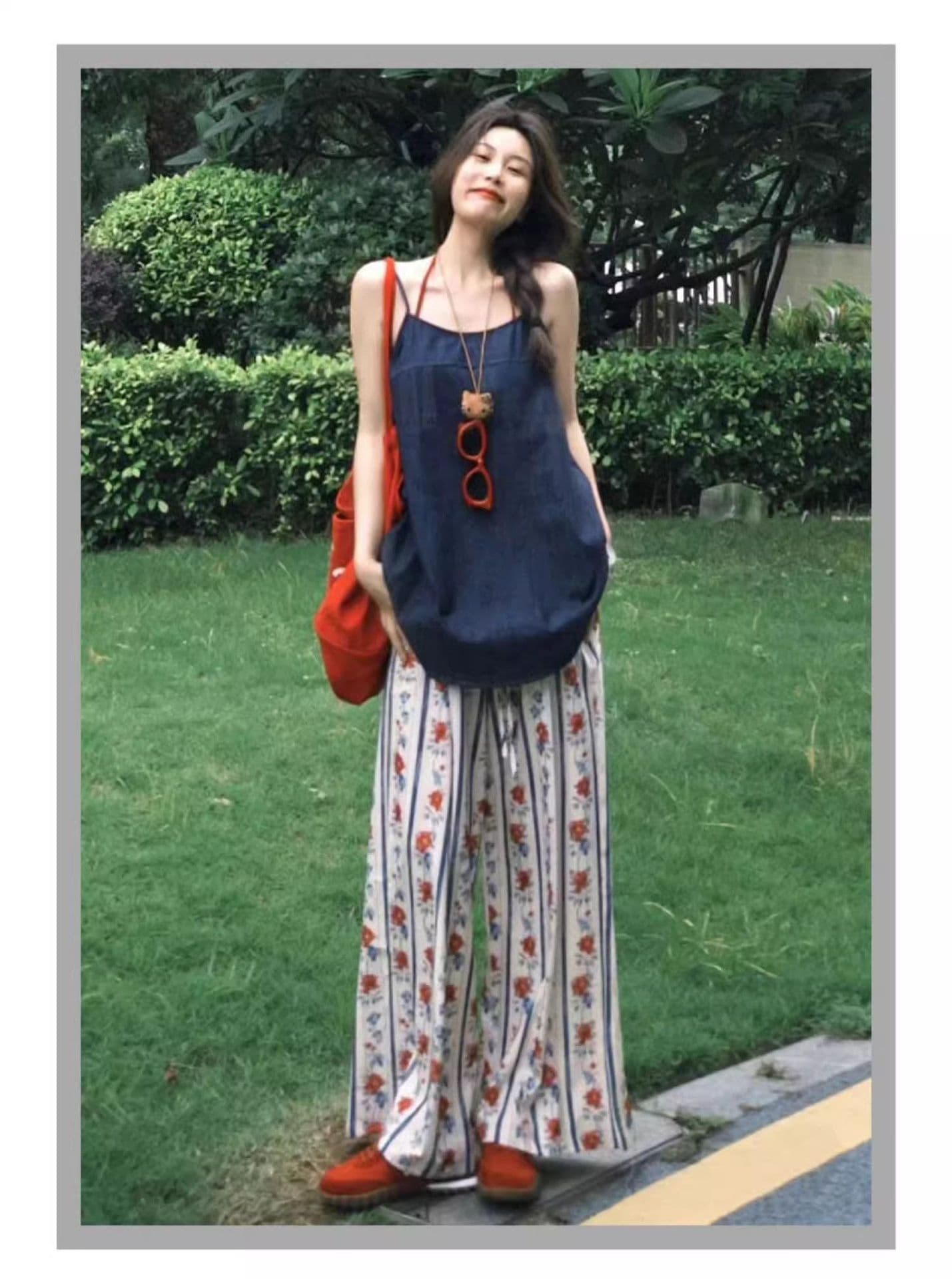 花柄 ファッション 縦縞花柄ワイドパンツ
