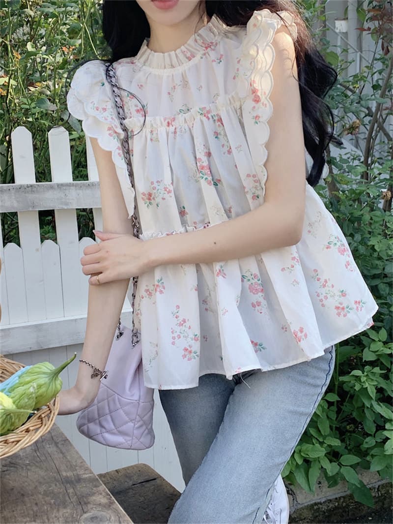 花柄 ファッション 夏新作 小花柄フリルブラウス ゆったりシルエット
