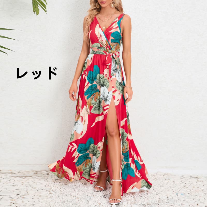 花柄 ファッション 華やか花柄 マキシワンピース 夏用ノースリーブ リゾート向け