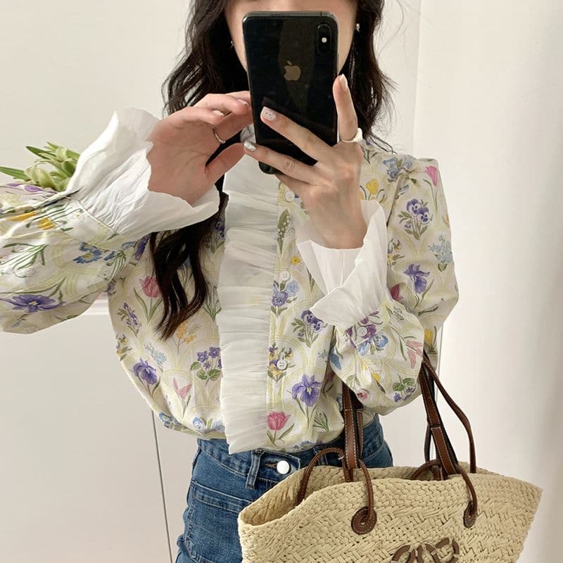 花柄 ファッション 花柄フリルネック ブラウス ラッパ袖 レディース長袖