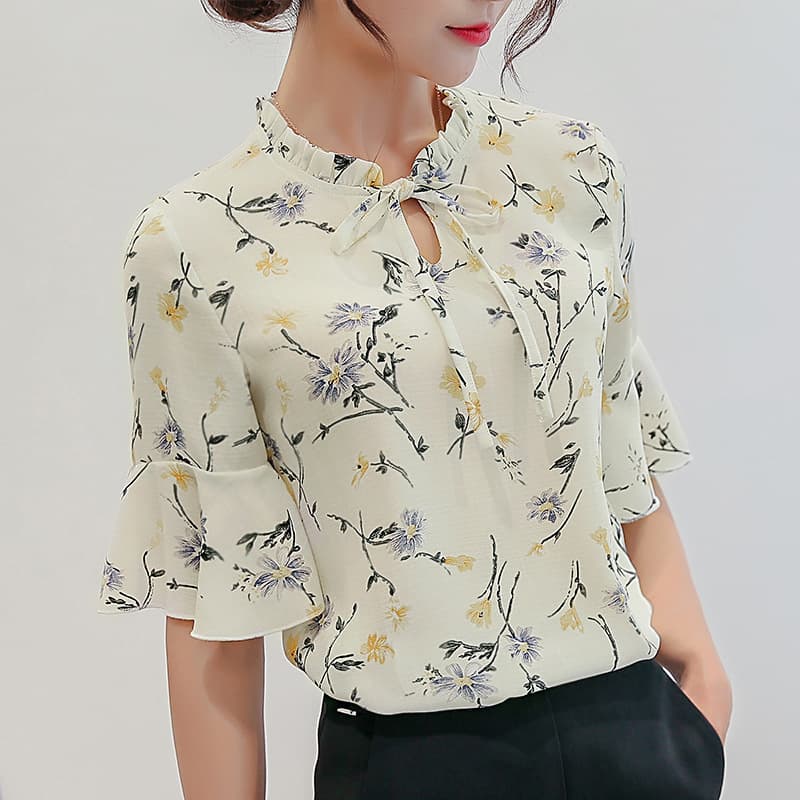 花柄 ファッション 優美な花枝フリル袖ブラウス