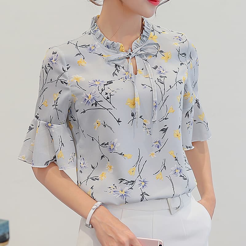 花柄 ファッション 優美な花枝フリル袖ブラウス