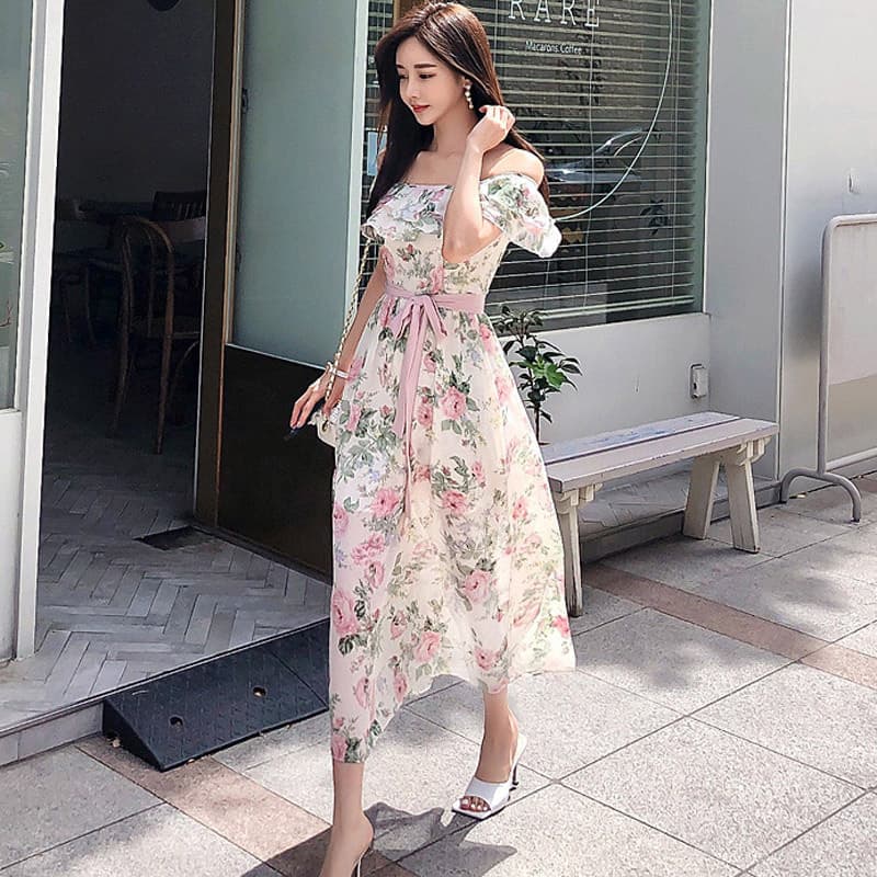 花柄 ファッション 優美な肩見せフリル花柄ワンピース