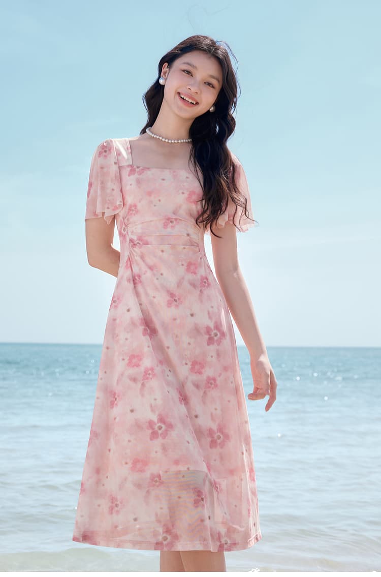 花柄 ファッション 優美な花影 フレア袖ミディワンピース