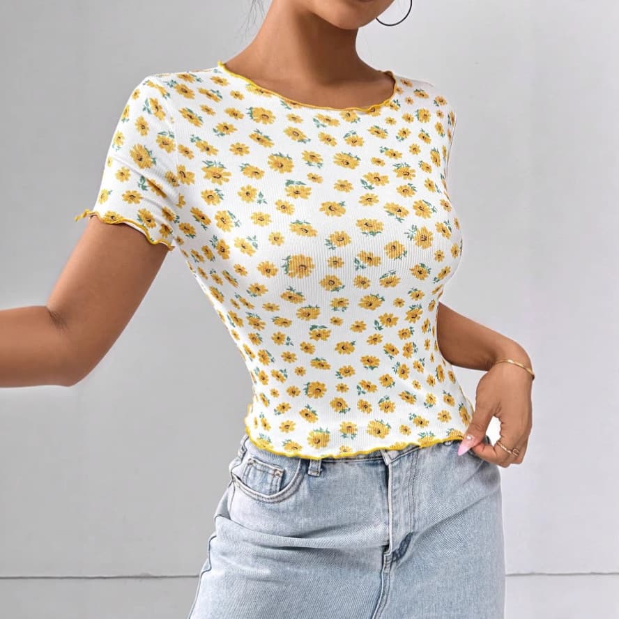 花柄 ファッション 可憐な小花畑 リブショートTシャツ