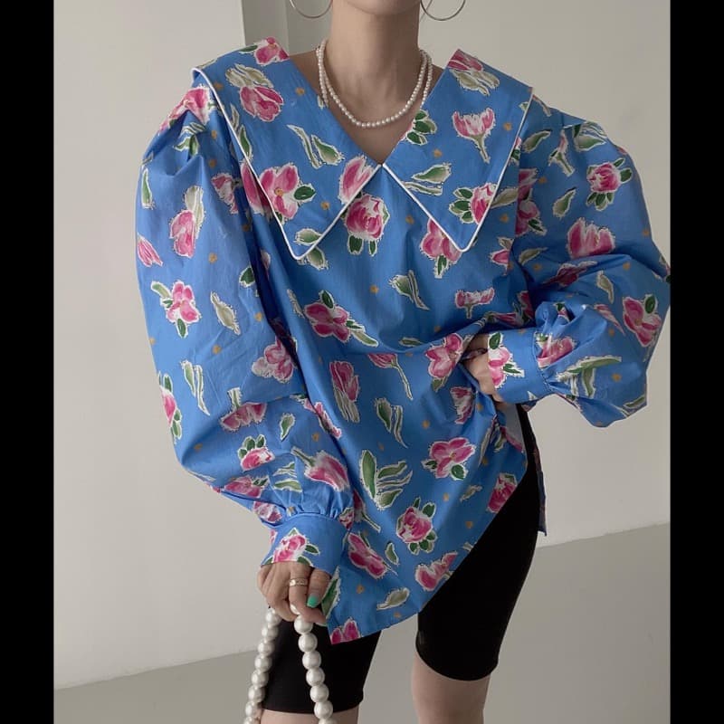 花柄 ファッション 花柄ビッグカラー長袖ブラウス