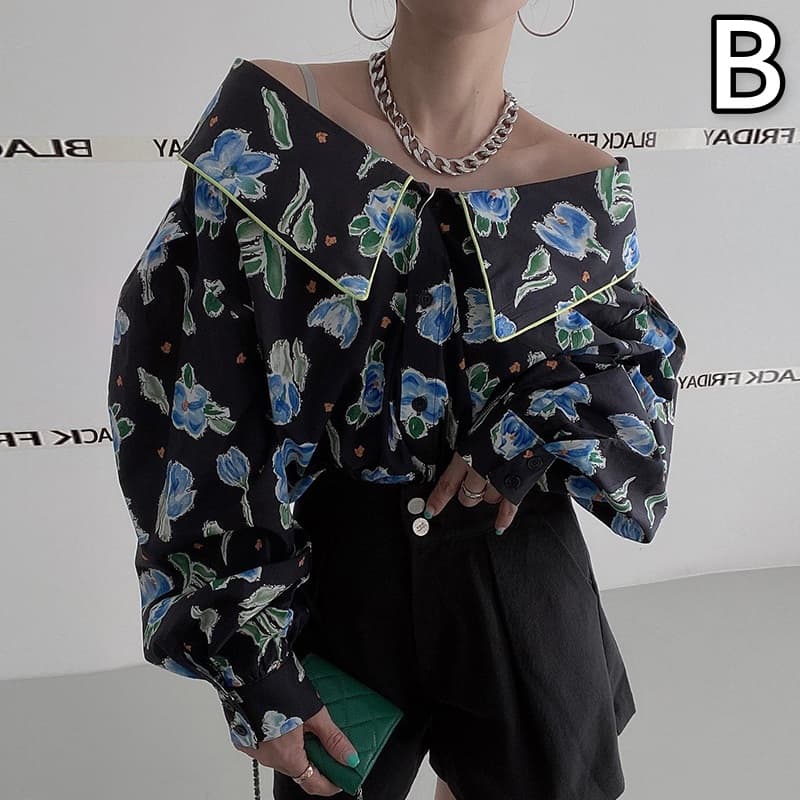 花柄 ファッション 花柄ビッグカラー長袖ブラウス