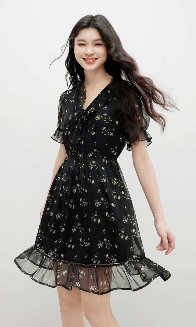 花柄 ファッション 小花柄シフォンフリルワンピース