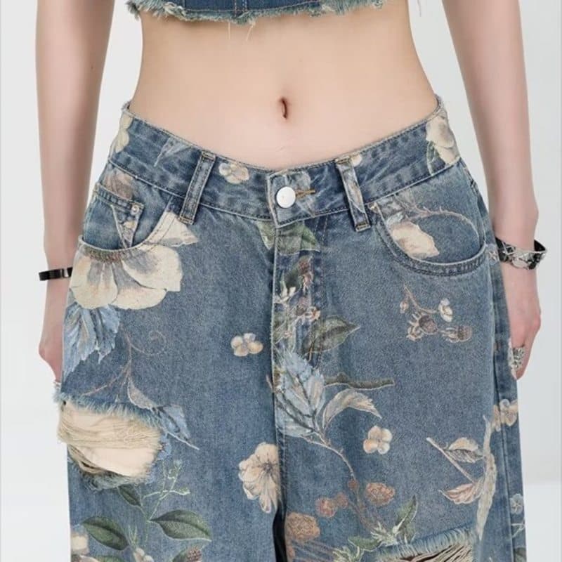 花柄 ファッション 花柄ダメージ加工ワイドデニムパンツ レディース