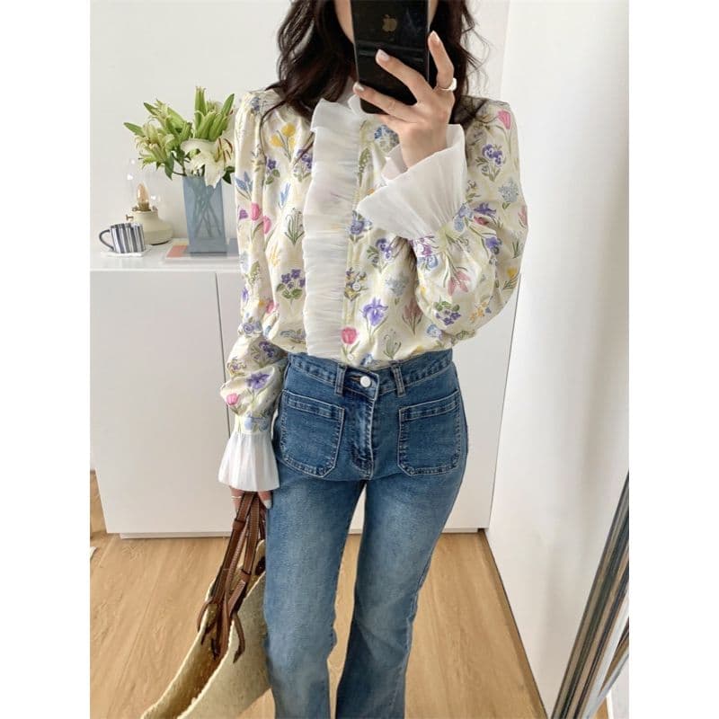花柄 ファッション 花柄フリルネック ブラウス ラッパ袖 レディース長袖